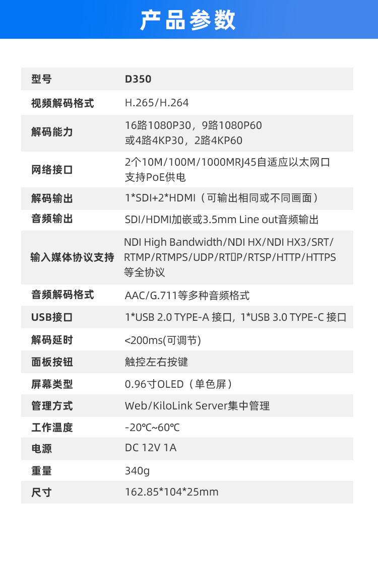 千视D350专业级多路解码器/超清4K画质/可将多路网路视频流解码输出为SDI和HDMI/支持语音通话/支持集中管理
