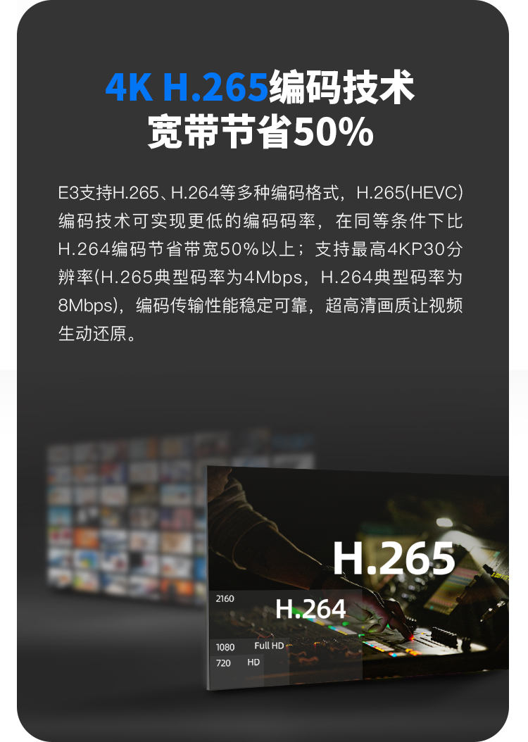 千视E3 4K UHD超高清H.265视频SDI+HDMI双接口编码器/支持NDI|SRT|RTMP等常用协议/支持8路多协议同时推流等