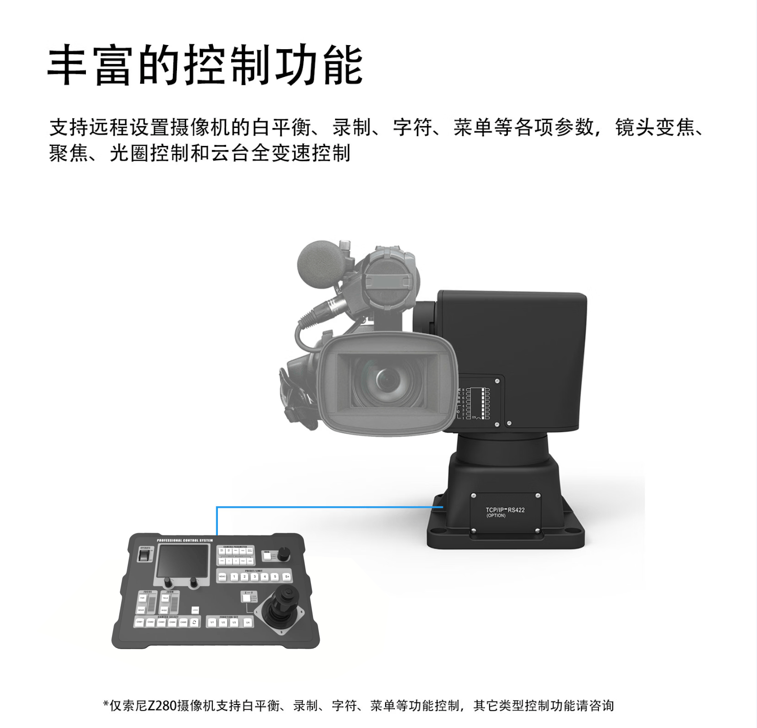 新品发布/广播级无人化智能云台控制系统/支持云台+镜头预置位/完美支持Z280摄像机/优秀的遥控手感，媲美人工