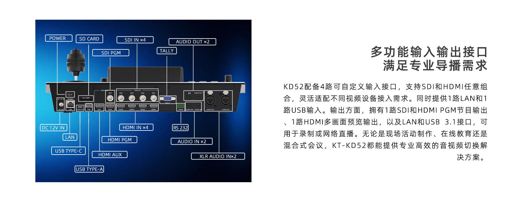 新品/五通道专业视频导播台/4K60P/支持NDI|HX/HDMI/SDI多格式输入/PTZ控制