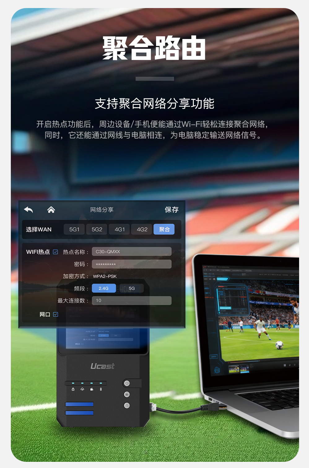 新品上市/Ucast E400 5G+4K多网聚合直播背包/3*5g+3*4g/聚合网路输出/支持返送/双路信号无缝切换