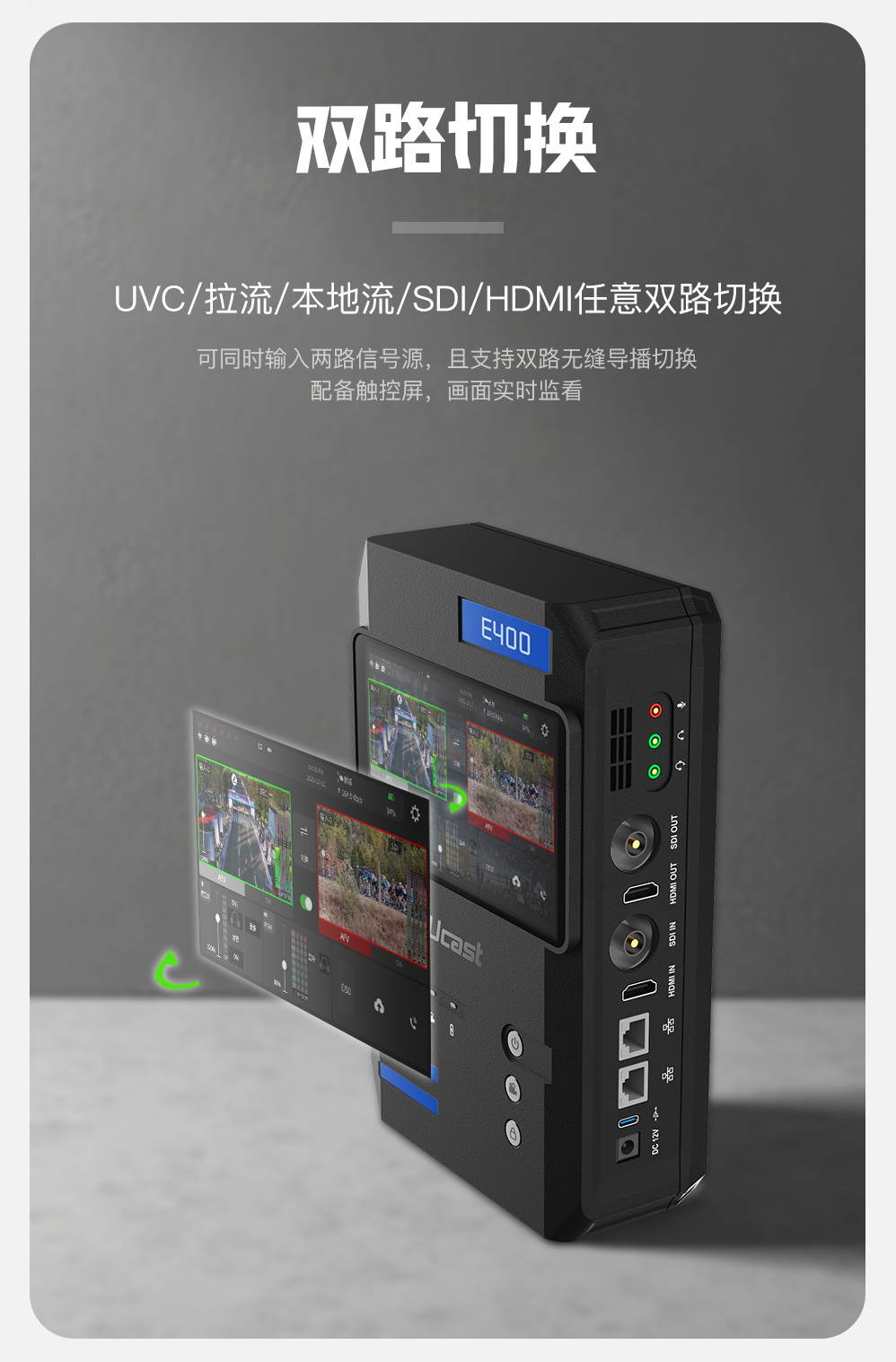 新品上市/Ucast E400 5G+4K多网聚合直播背包/3*5g+3*4g/聚合网路输出/支持返送/双路信号无缝切换