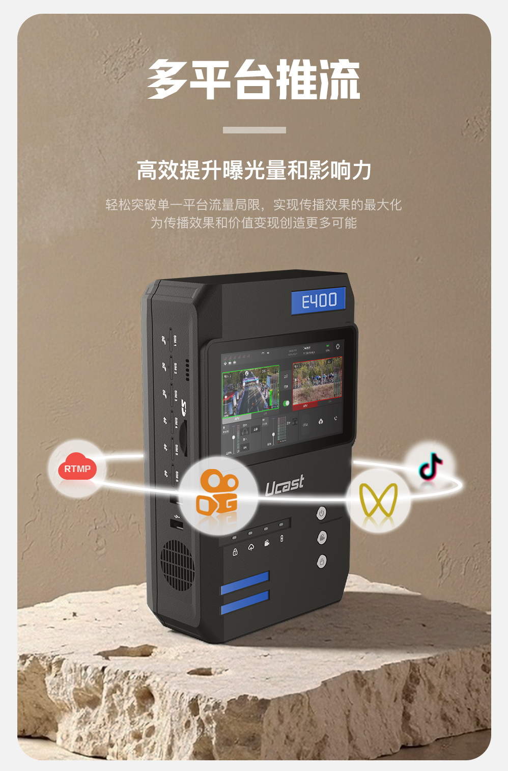 新品上市/Ucast E400 5G+4K多网聚合直播背包/3*5g+3*4g/聚合网路输出/支持返送/双路信号无缝切换