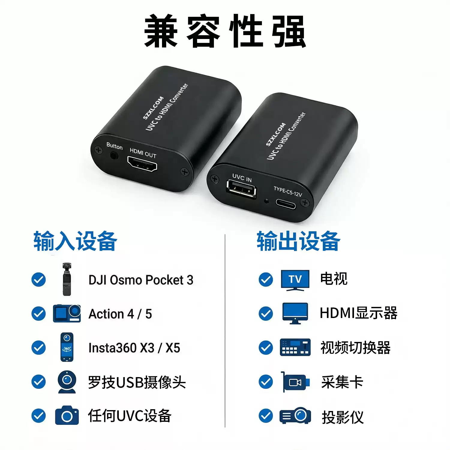 超性价比/UVC转HDMI转换盒/ 大疆口袋3/运动摄像机/兼容UVC协议的网络摄像头等/type-c转HDMI/