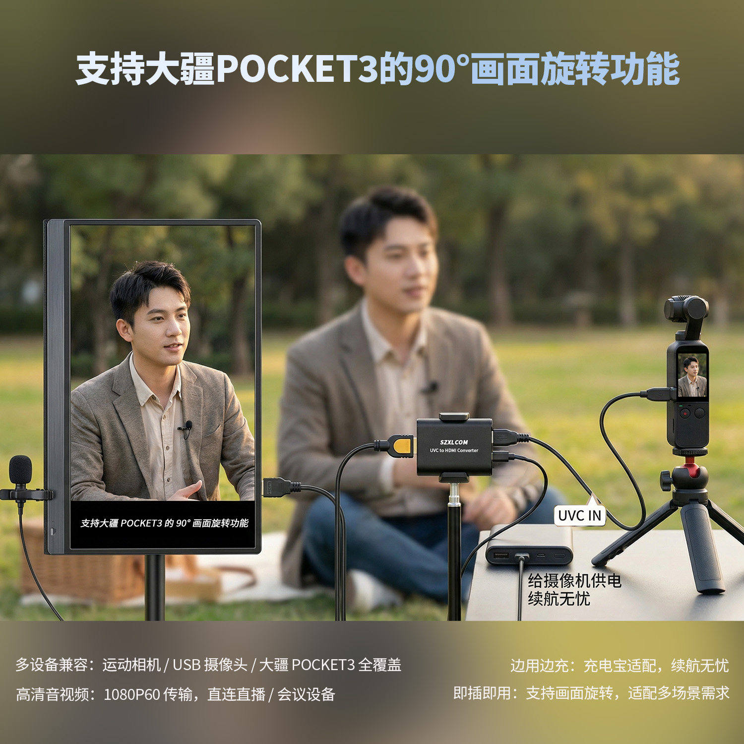 超性价比/UVC转HDMI转换盒/ 大疆口袋3/运动摄像机/兼容UVC协议的网络摄像头等/type-c转HDMI/